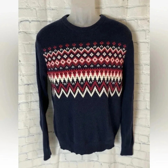 Old Navy Men’s M Navy Blue & Red Fair Isle Christmas Holiday Knit Sweater wool - Picture 1 of 11